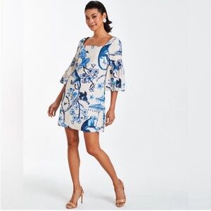 Mestiza Vivienne Blue Chinoiserie Jungle Bell Sleeve Shift Dress Monkeys Leopard